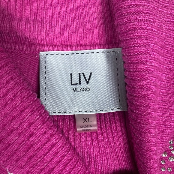 Rhinestone Embellished Liv Milano Pink Knit Turtleneck Sweater Sz XL Valentine - Picture 2 of 9